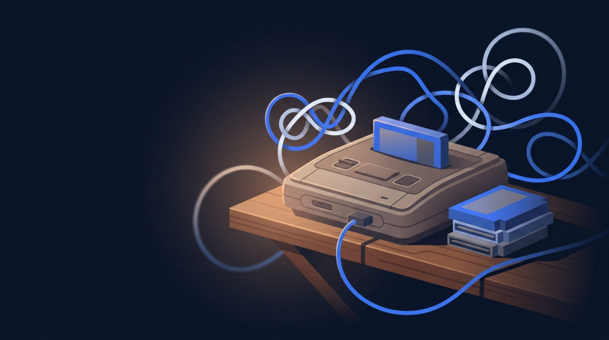 Consola retro con cartuchos y cables, símbolo de la preservación de videojuegos