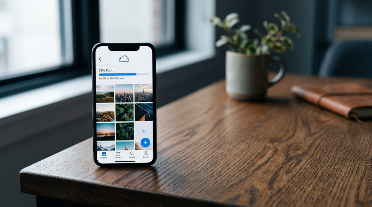 Móvil mostrando galería de fotos y espacio de almacenamiento en la nube