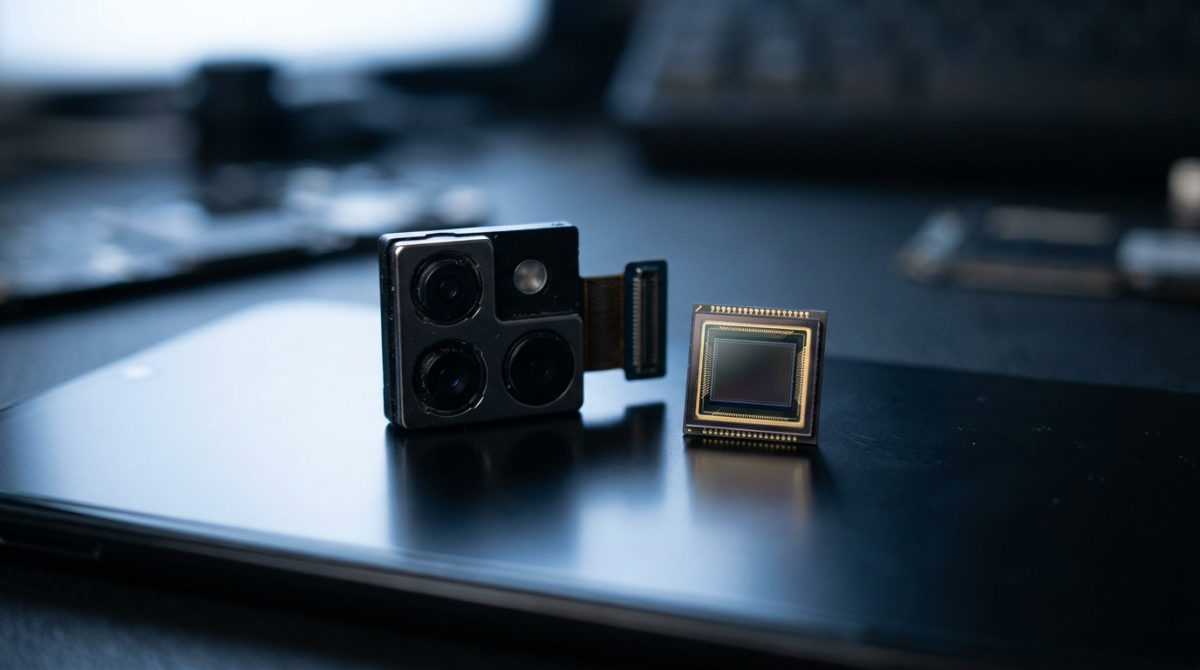 Primer plano de la cámara de un smartphone y un sensor de imagen sobre una mesa