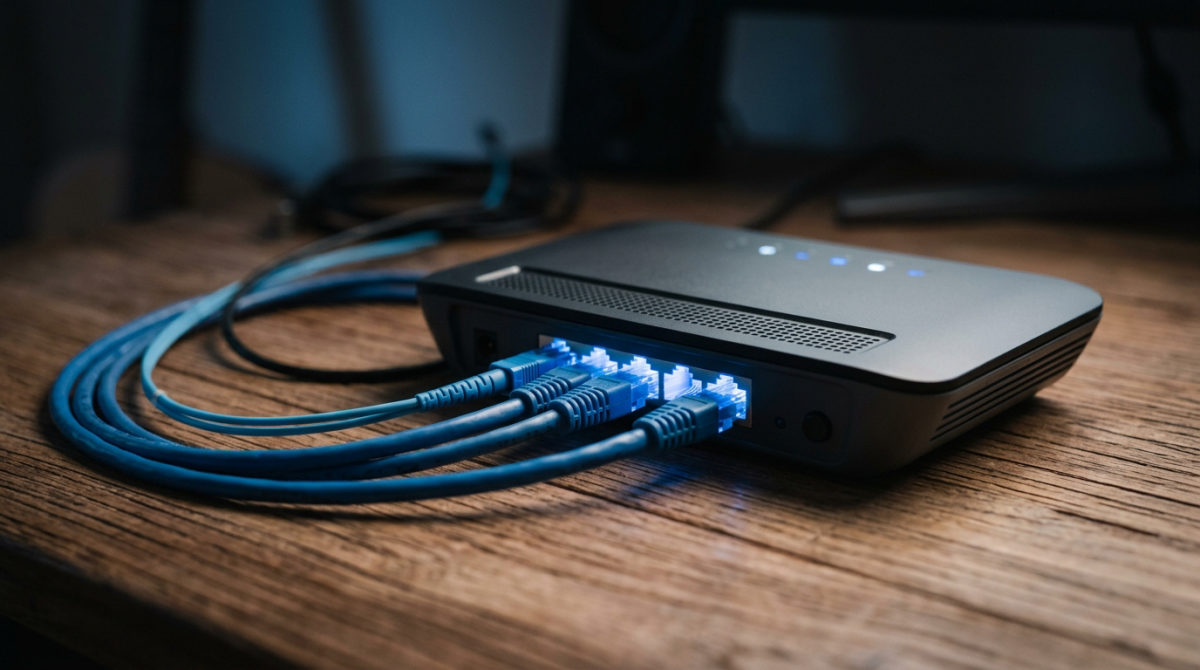Router con cables de fibra óptica y luces de red en un hogar