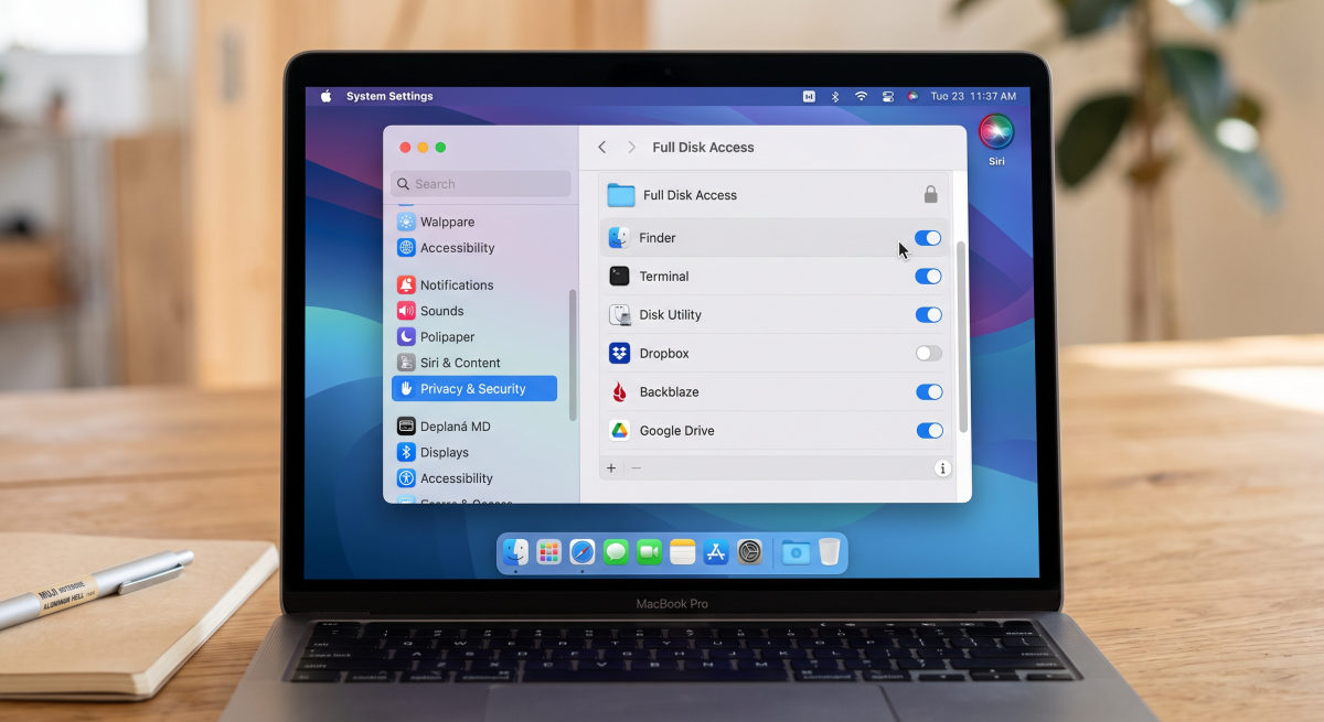 Configuración de Full Disk Access en la sección de privacidad y seguridad de macOS