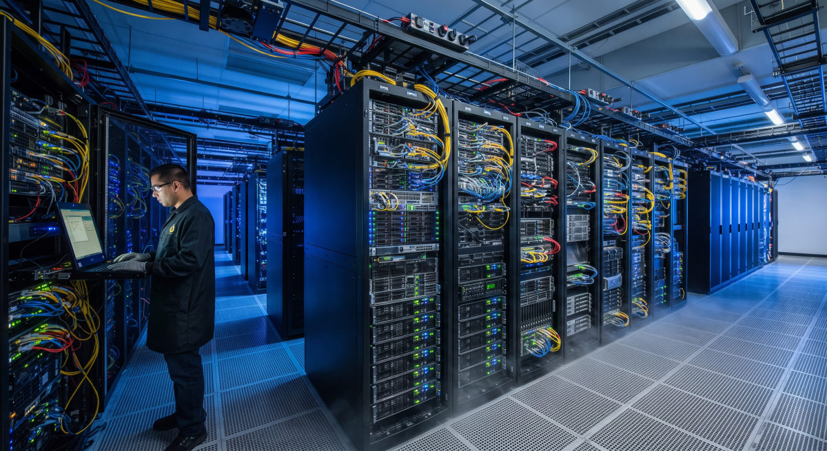 Servidores refrigerados en un centro de datos, infraestructura necesaria para ejecutar servicios de computación en la nube y sistemas de inteligencia artificial