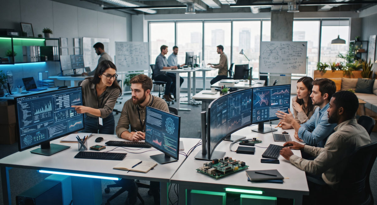 Entorno de trabajo de una empresa de inteligencia artificial con profesionales revisando resultados generados por asistentes digitales.