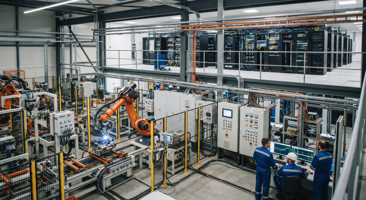 Equipamiento eléctrico y sistemas de automatización industrial utilizados en fábricas y centros de datos.