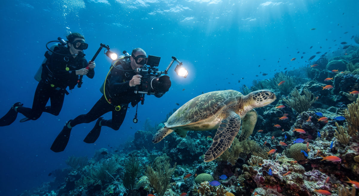 Equipo de filmación submarina observa una tortuga marina, en una imagen relacionada con las nuevas técnicas de grabación de Blue Planet III.