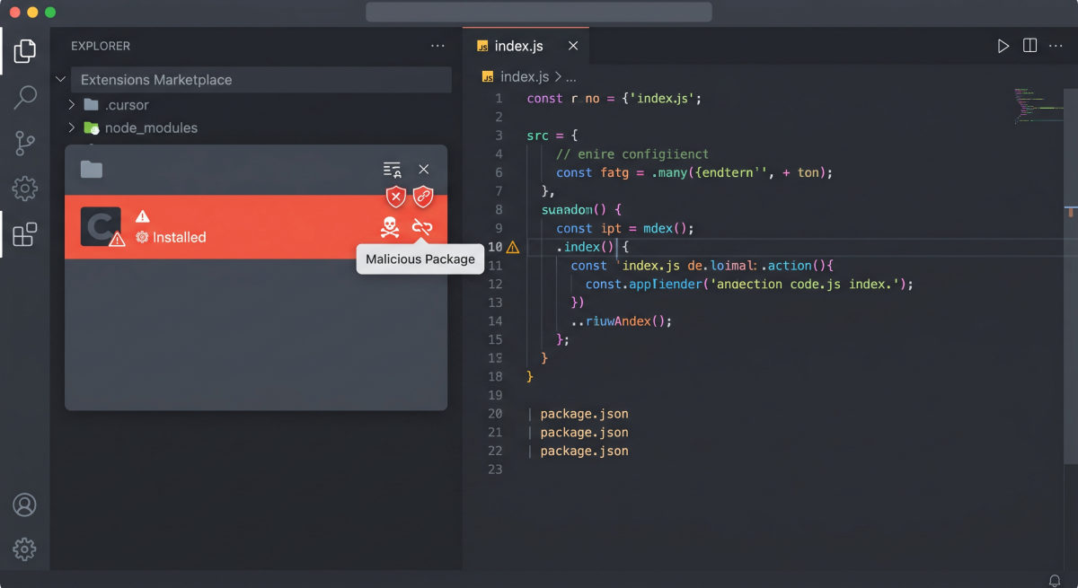 Interfaz de un editor de código con una extensión de Claude Code, en referencia al paquete malicioso distribuido a través del marketplace de Cursor.